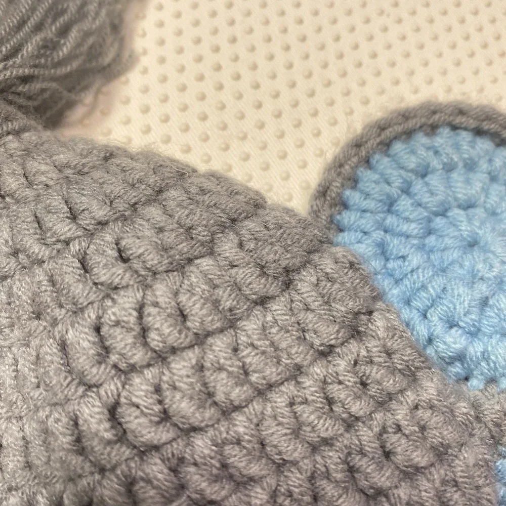 Handmade Knit Crochet Whimsical Elephant Baby Infant Beanie Cap Hat Gray Blue OS